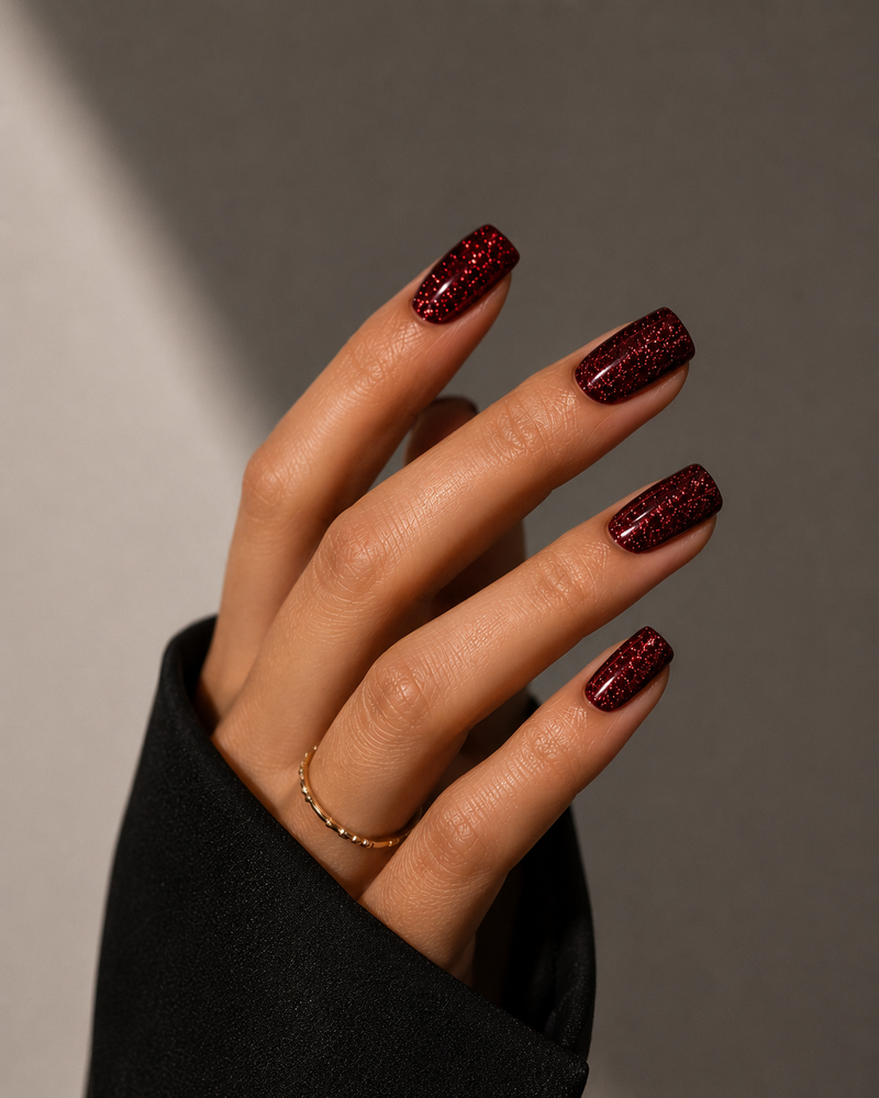 Deep Red Glitter Sparkle Short Square — Winter Nail Colors for Short Nails