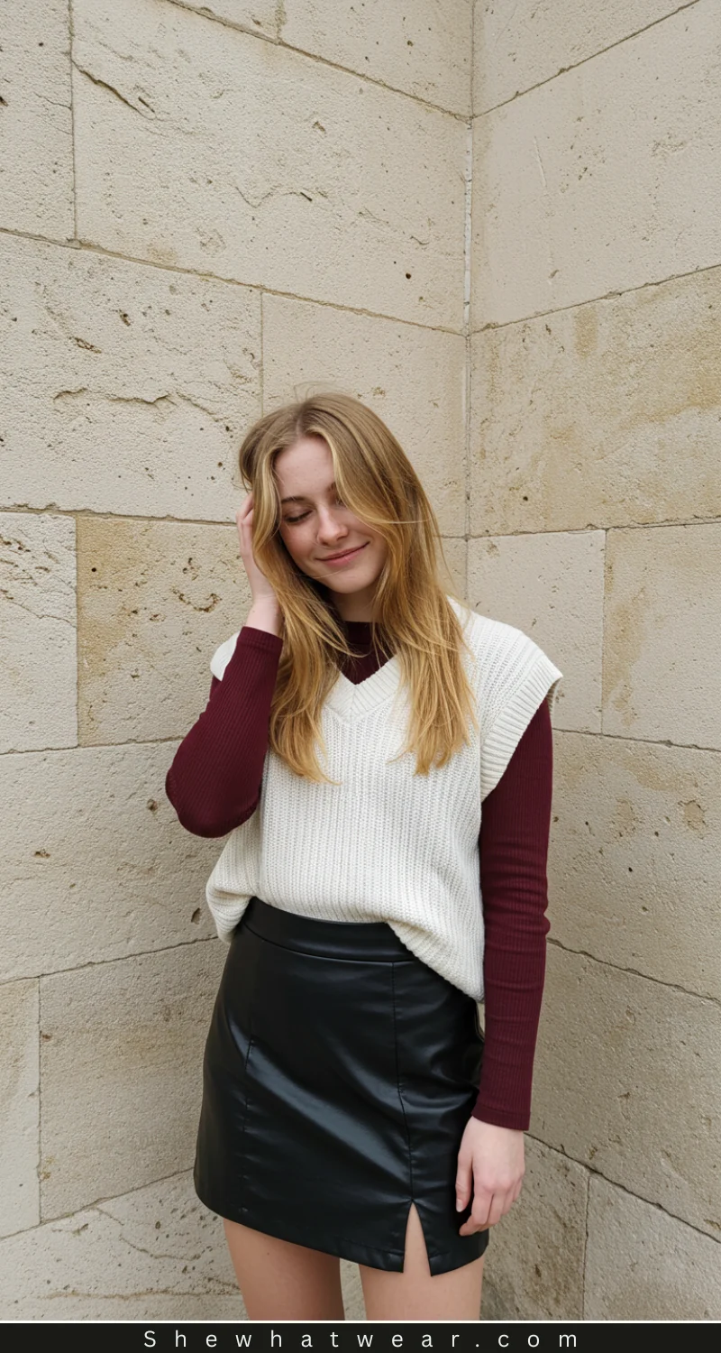 Black Leather Mini Skirt with Sweater Vest and Sneakers — Leather Skirt Outfits