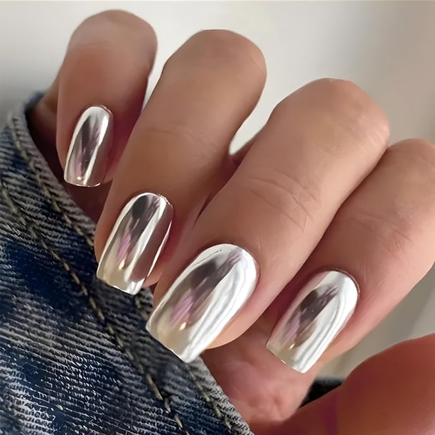 Reflective Silver Chrome Square Nails Reflective Silver Chrome Square Nails β Silver Chrome Nails