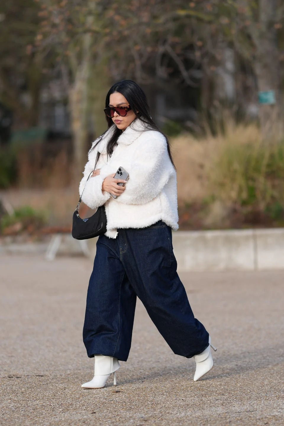 Bold Contrast: White Fuzzy Jacket with Dark Wide Leg Jeans — Winter Outfits with Wide Leg Jeans