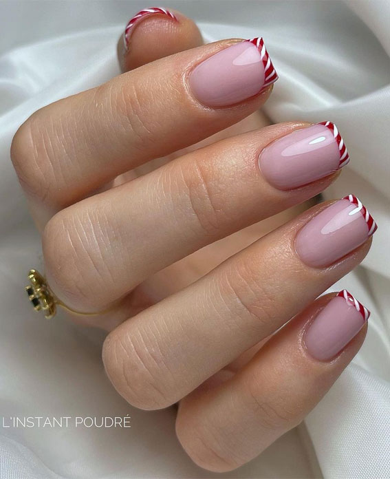 Classic Candy Cane French Tips Classic Candy Cane French Tips β Short Christmas Square Nails 2026