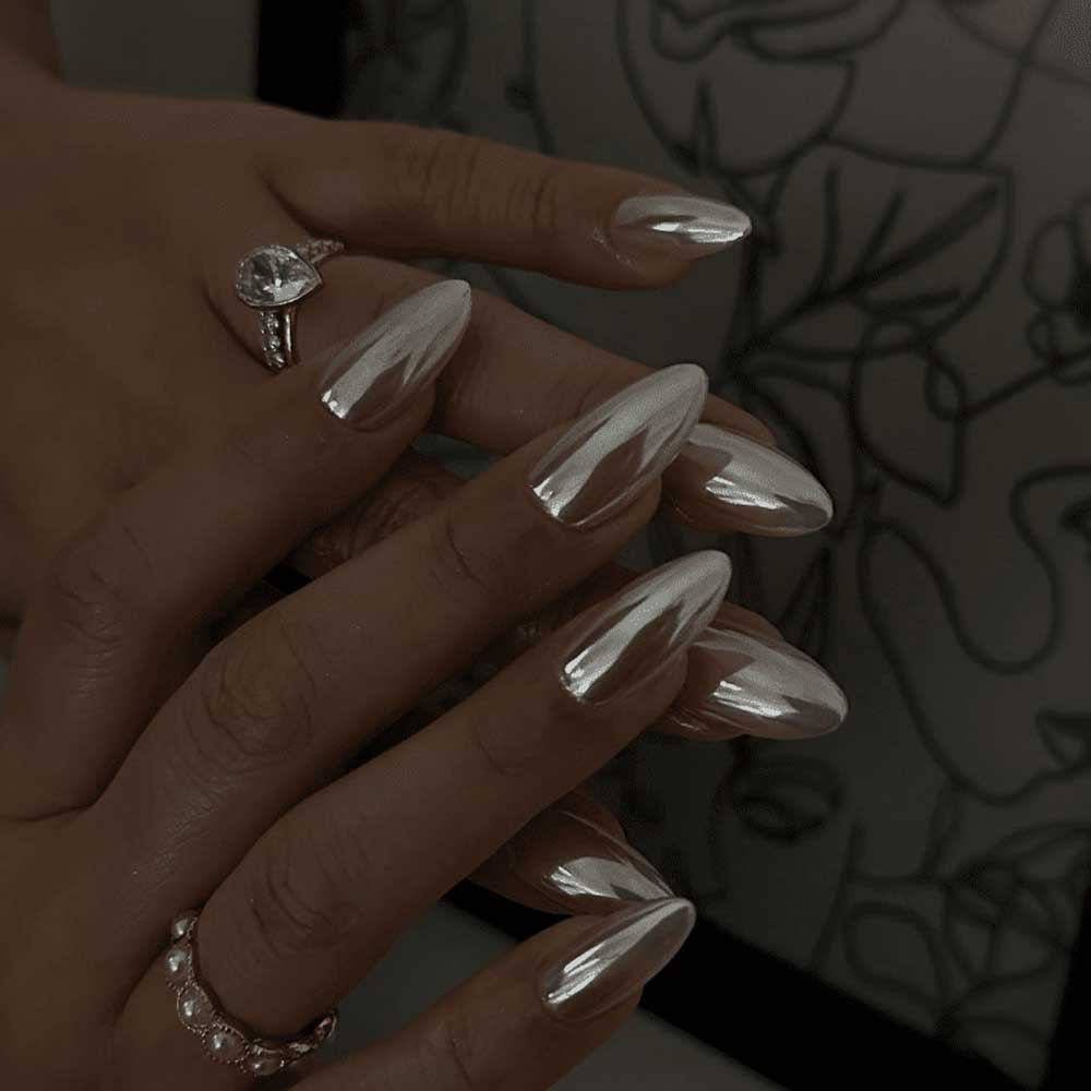 Long Silver Chrome Almond Nails Long Silver Chrome Almond Nails β New Years Almond Nails 2027