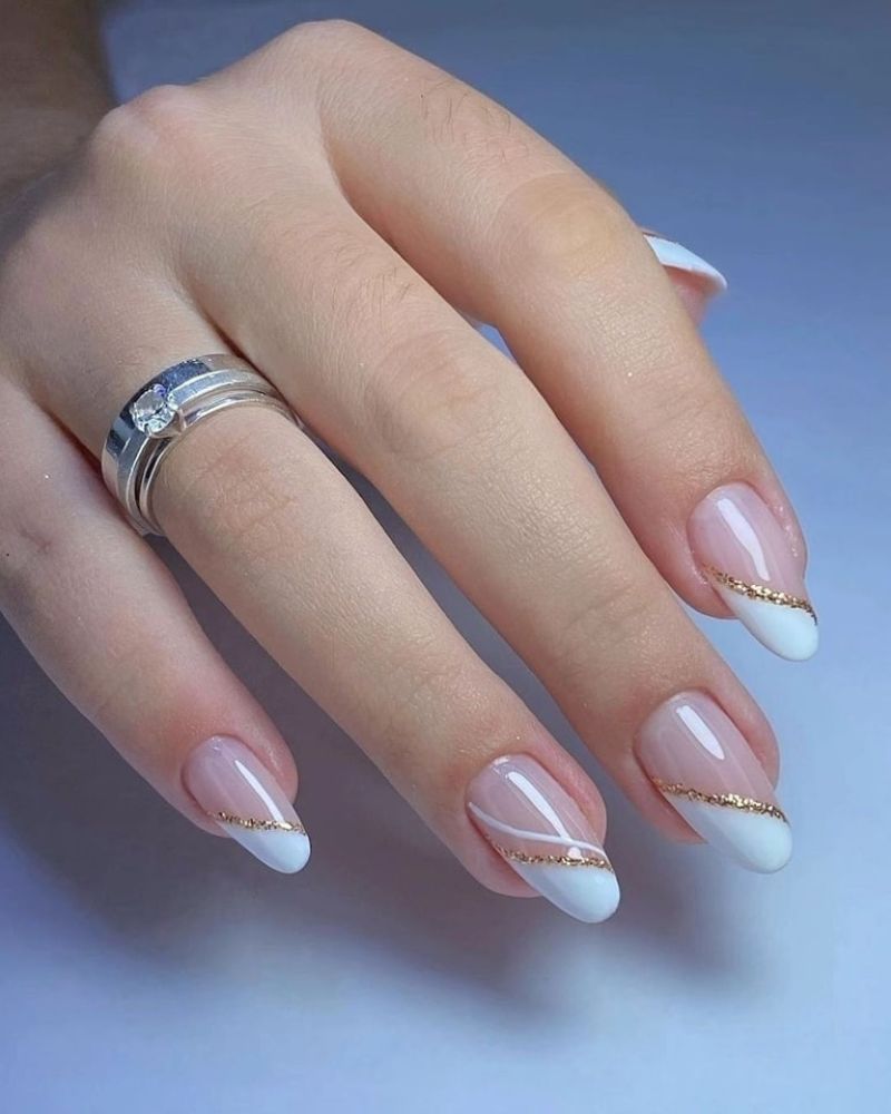 Elegant White Tips with Gold Lines — Winter White Nails