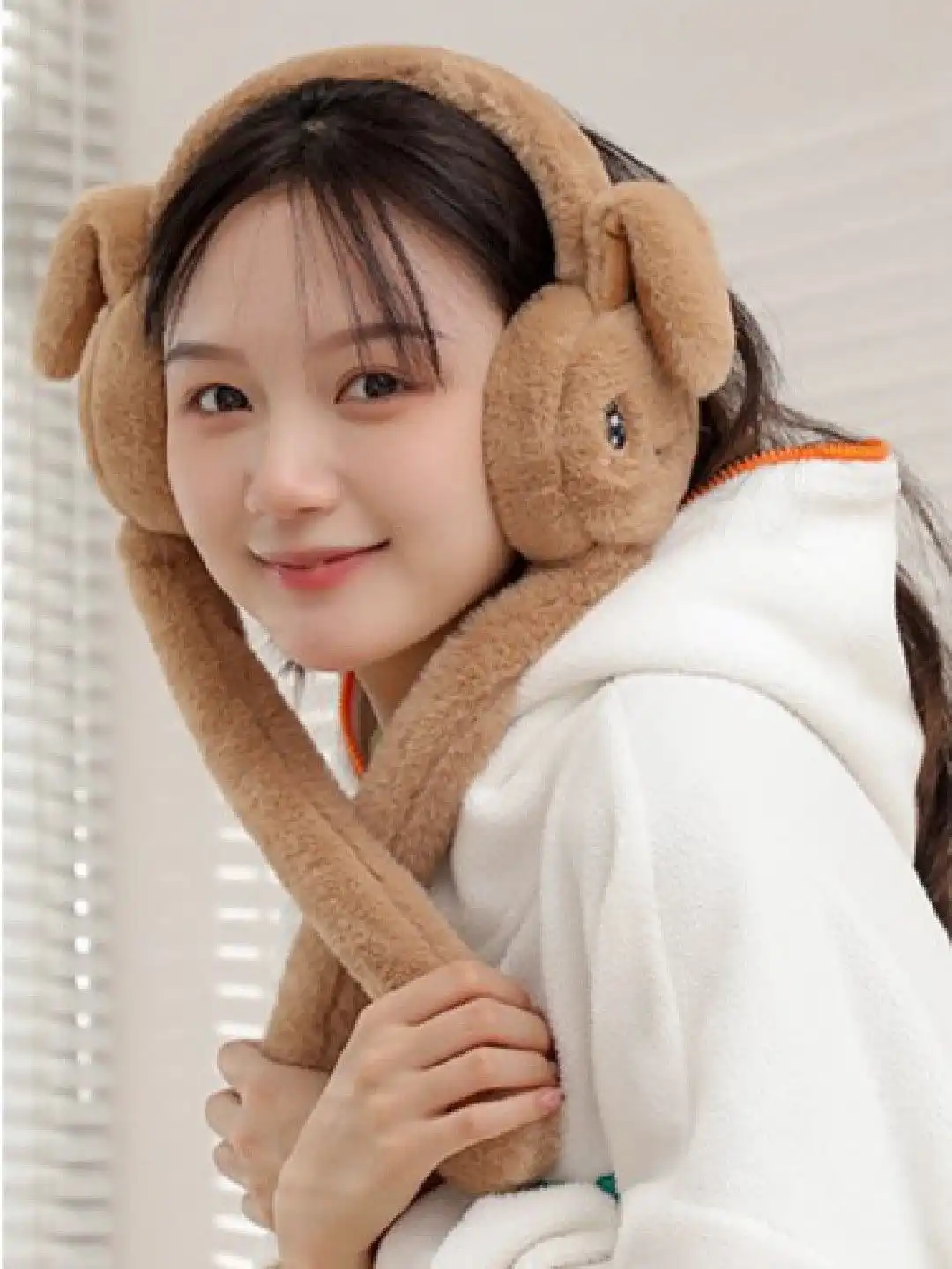 Brown Plush Earmuffs with Moving Rabbit Ears and White Hoodie Brown Plush Earmuffs with Moving Rabbit Ears and White Hoodie β Earmuffs Outfits