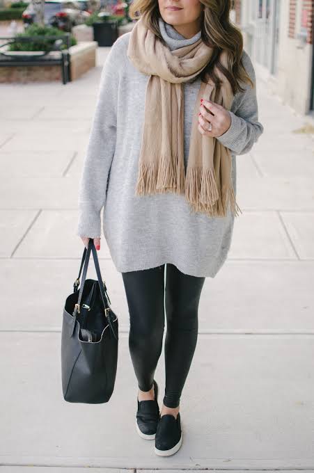 Cozy Neutral Layers: Black Leggings with Grey Turtleneck and Beige Scarf Cozy Neutral Layers: Black Leggings with Grey Turtleneck and Beige Scarf β Winter Outfits with Leggings
