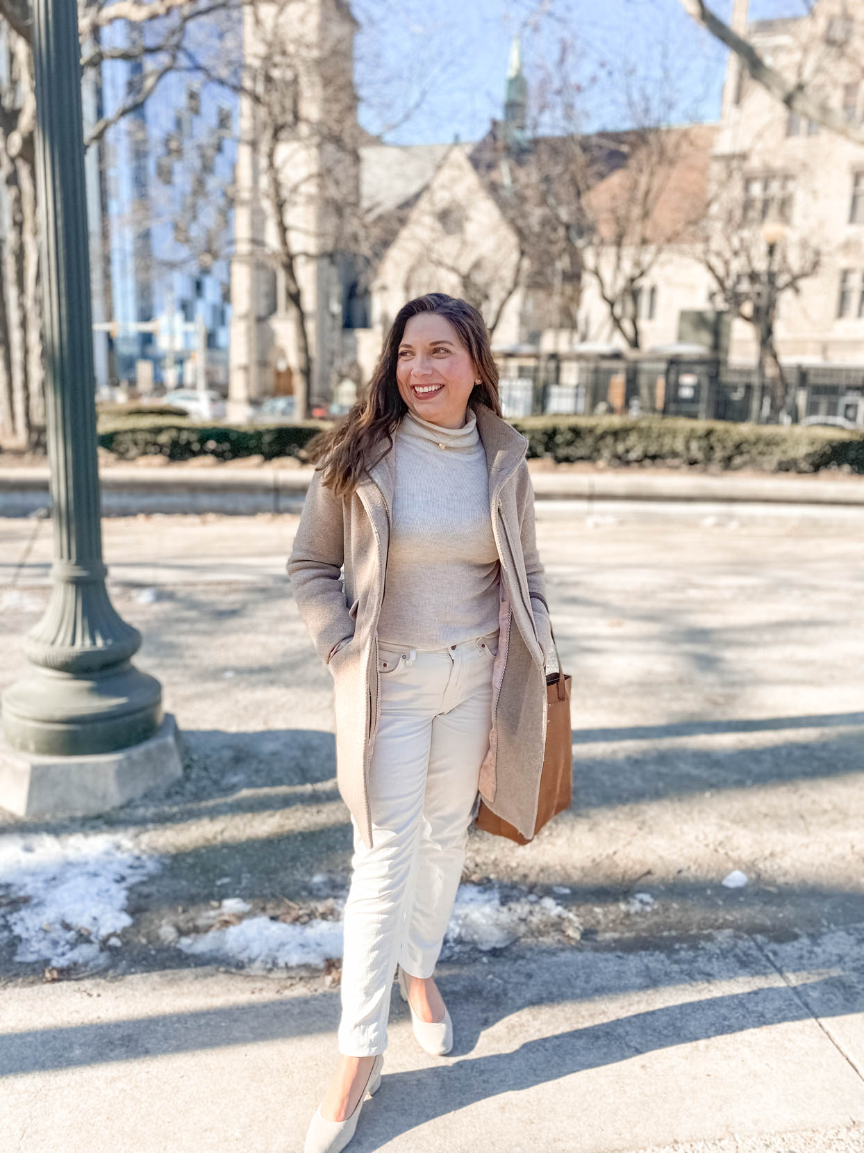 Beige Wool Coat with Grey Turtleneck and Light Grey Flats — January Outfits