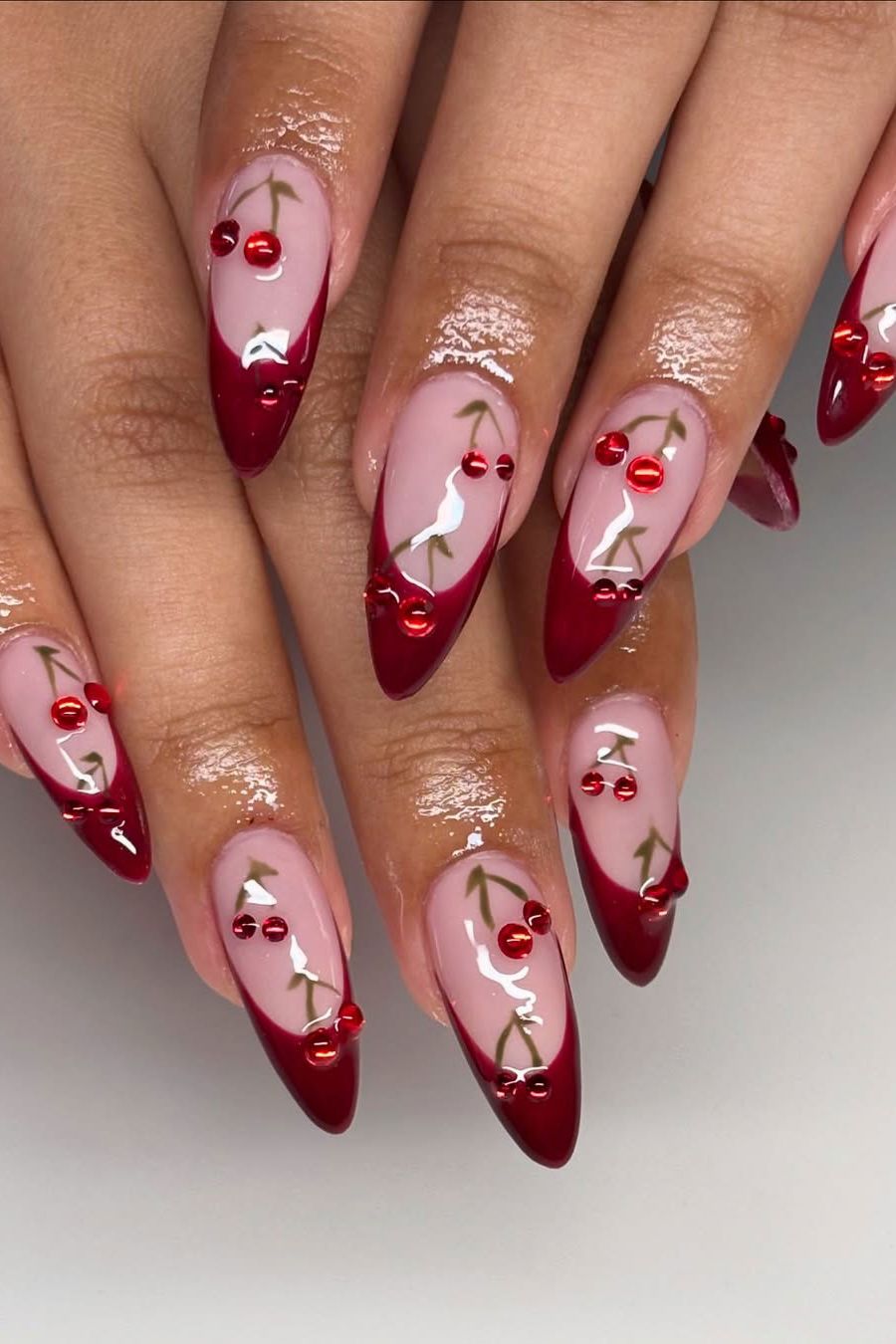 Long Almond Cherry and Bow Motif — Cherry Red Nails