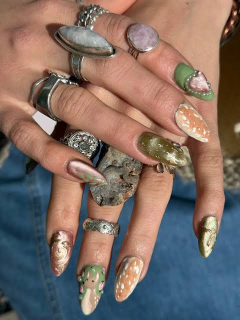 Matte Olive Green Abstract Stilettos Matte Olive Green Abstract Stilettos β Winter Nails for School