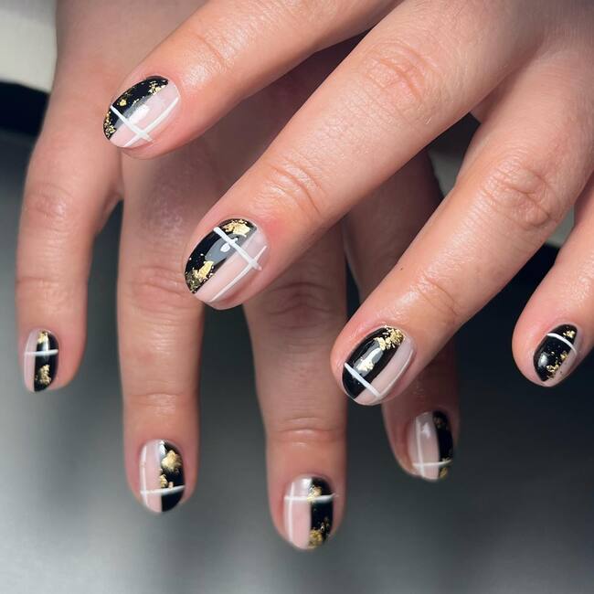Glossy Black with Gold Foil and White Lines — Winter Black Nails