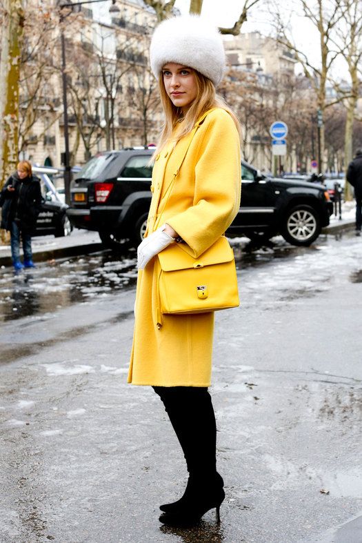 Vibrant Yellow Coat and White Fur Hat — Fur Hat Outfits