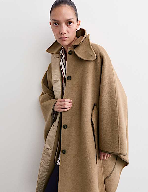 Camel Wool Cape Coat With Striped Shirt — Camel Coat Outfits