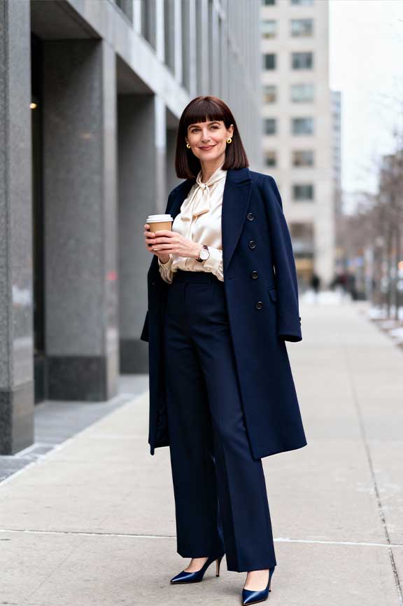 Navy Double-Breasted Coat with Wide-Leg Trousers and Pussy-Bow Blouse — Old Money Winter Outfits