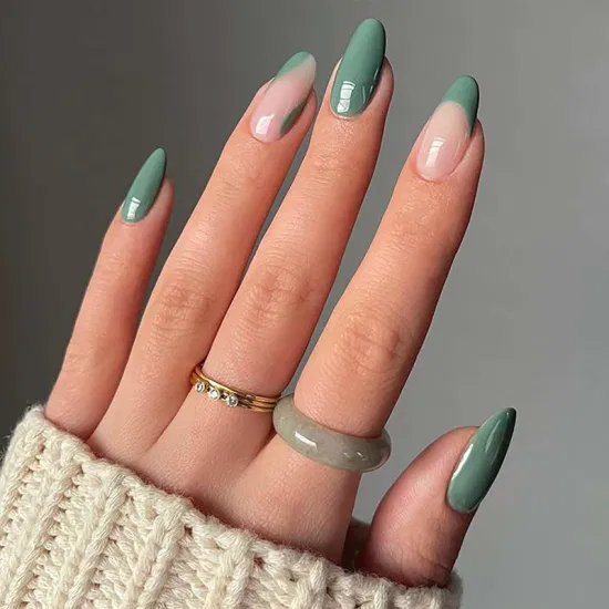 Glossy Green French And Diagonal Block Nails Glossy Green French And Diagonal Block Nails β Medium Winter Almond Nails
