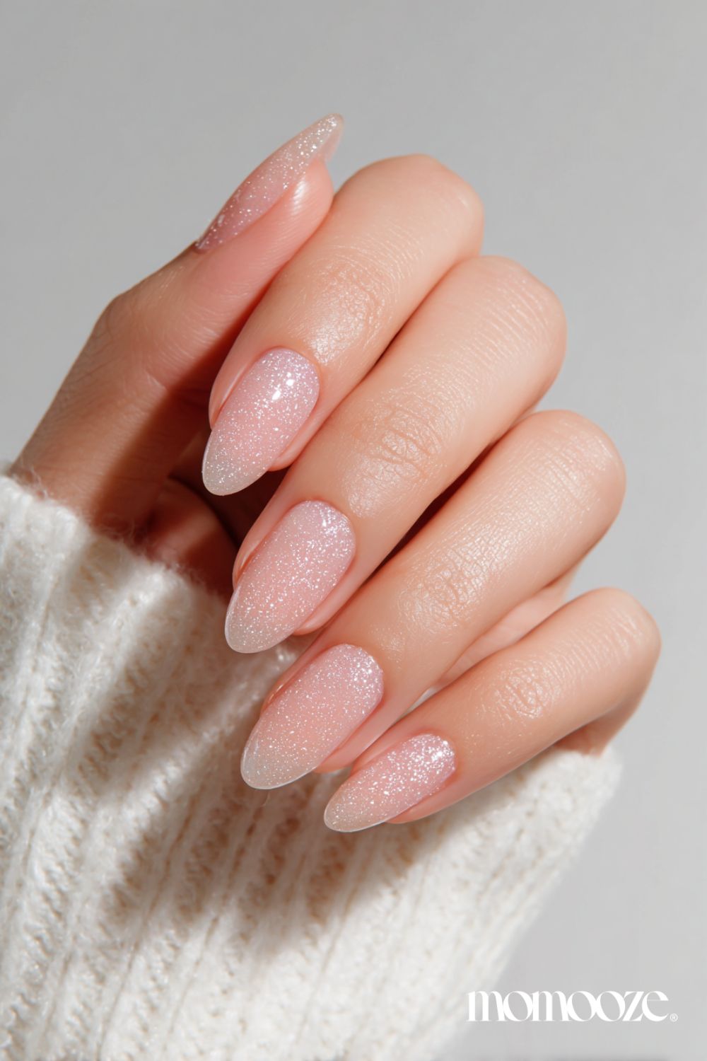 Pale Pink Glitter Gradient Almonds — Winter Acrylic Nails