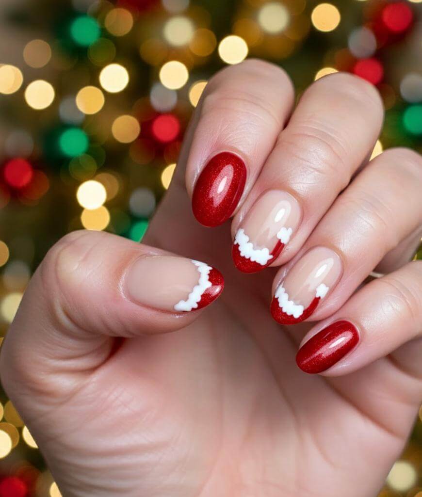Santa Hat Glitter French Oval Nails Santa Hat Glitter French Oval Nails β Christmas Nails 2026