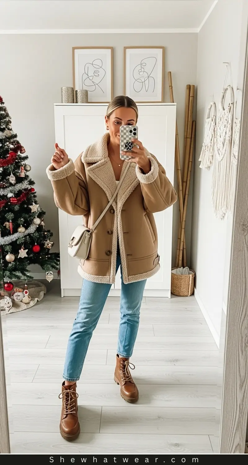 Aviator Cool: Shearling Jacket Over White Top and Blue Jeans Aviator Cool: Shearling Jacket Over White Top and Blue Jeans β Comfy Winter Outfits