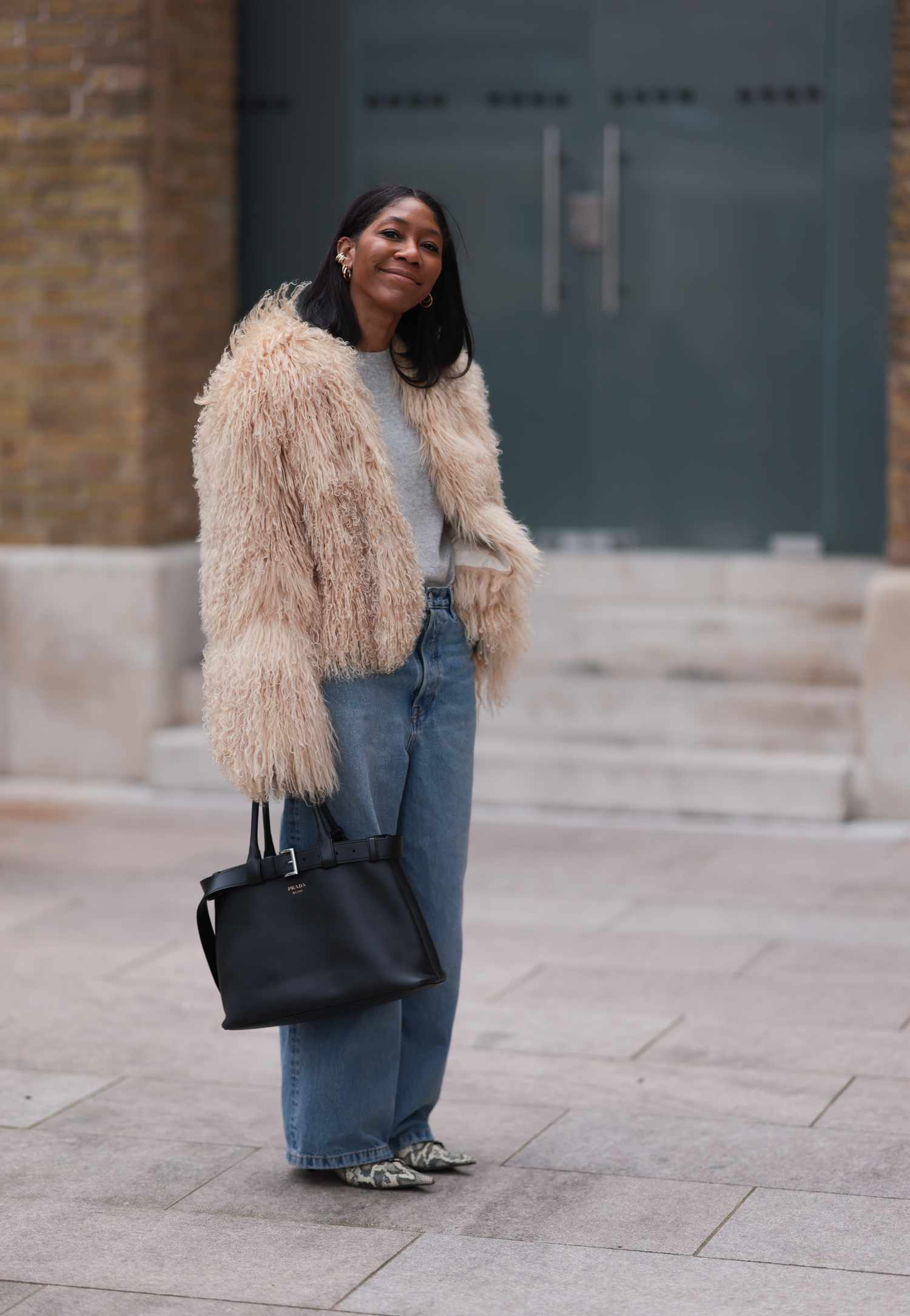 Cream Shaggy Faux Fur Jacket with Wide-Leg Jeans — Cute Winter Outfits