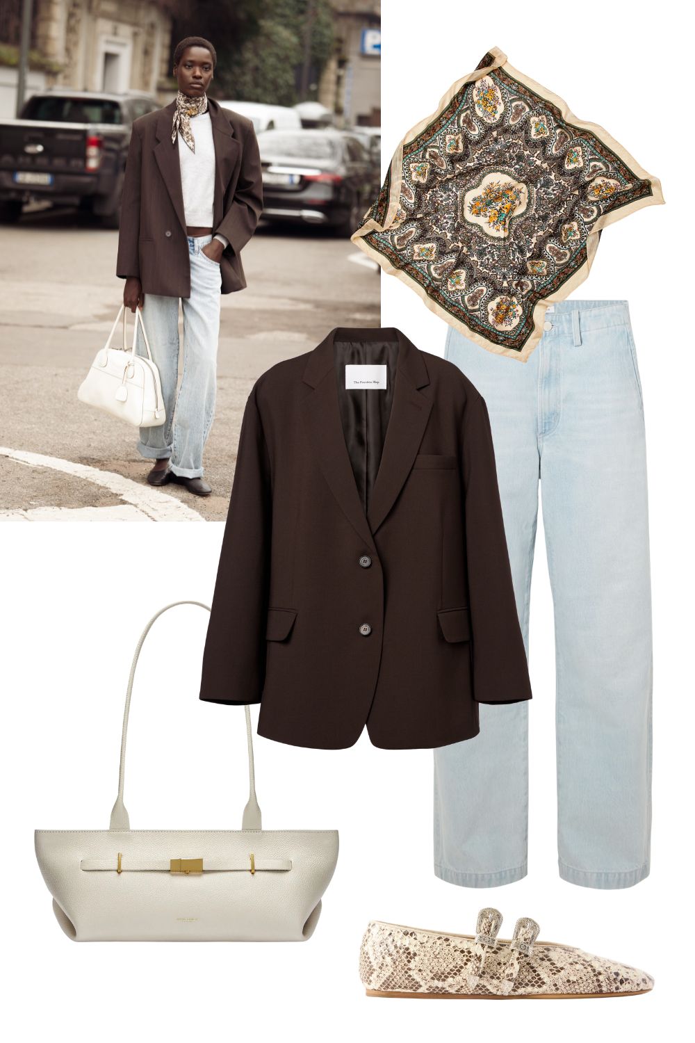 Silk Scarf with a Navy Blazer and Ripped Jeans — Scarf Outfits