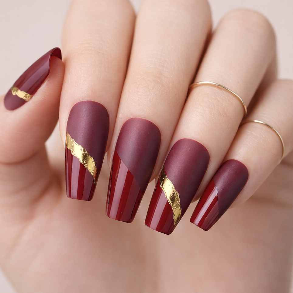 Long Coffin Two-Tone Burgundy with Gold Foil Long Coffin Two-Tone Burgundy with Gold Foil β Burgundy Christmas Nails 2026