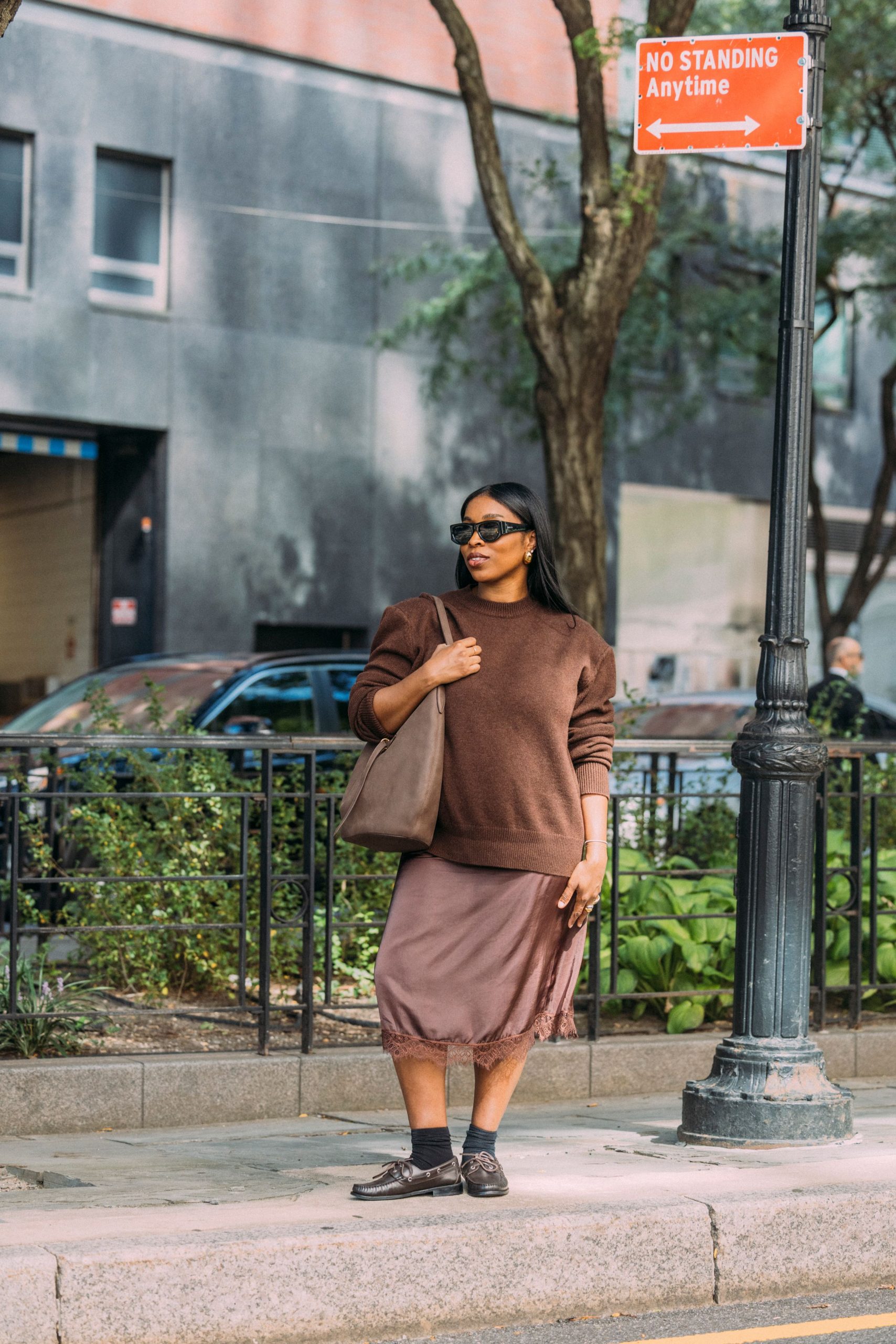 Brown Knit Sweater with Satin Slip Skirt — Winter Going Out Outfits