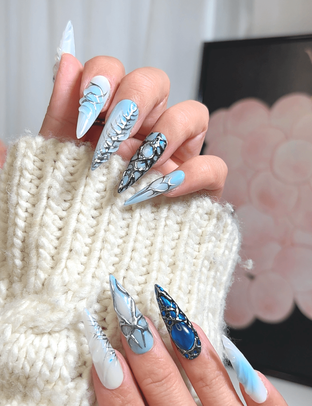 Icy Blue 3D Winter Stiletto Nails Icy Blue 3D Winter Stiletto Nails
