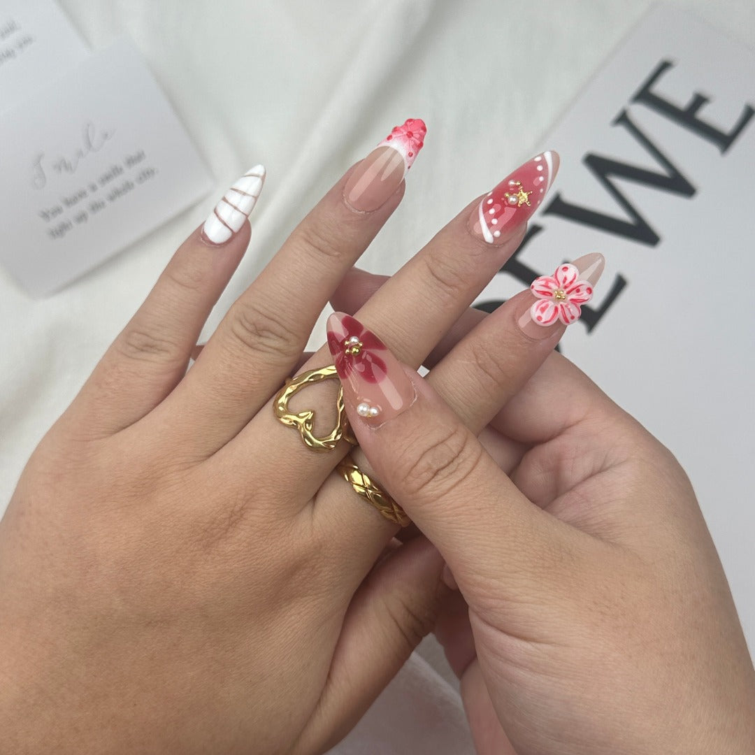 Long Stiletto Floral Red French — Cute New Years Nails 2027
