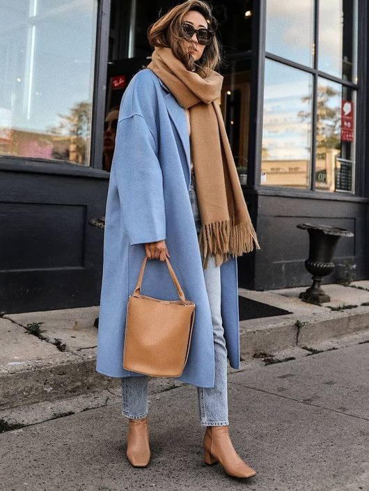 Pastel Statement: Oversized Blue Coat with Jeans Pastel Statement: Oversized Blue Coat with Jeans β Winter Outfits for Women Over 40