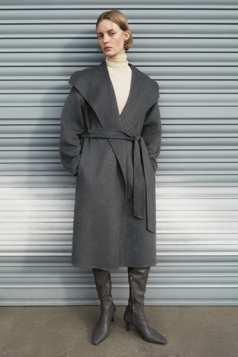 Elegant Grey Wrap Coat Over Turtleneck Elegant Grey Wrap Coat Over Turtleneck β Winter Maternity Outfits