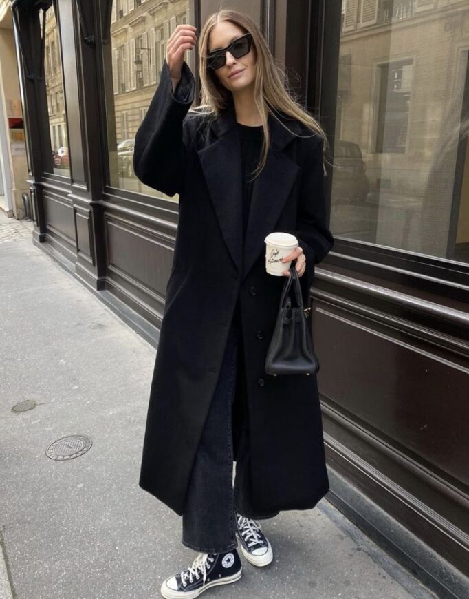 Casual Jeans Paired with a Long Wool Coat for Daytime Chic — All Black Winter Outfits