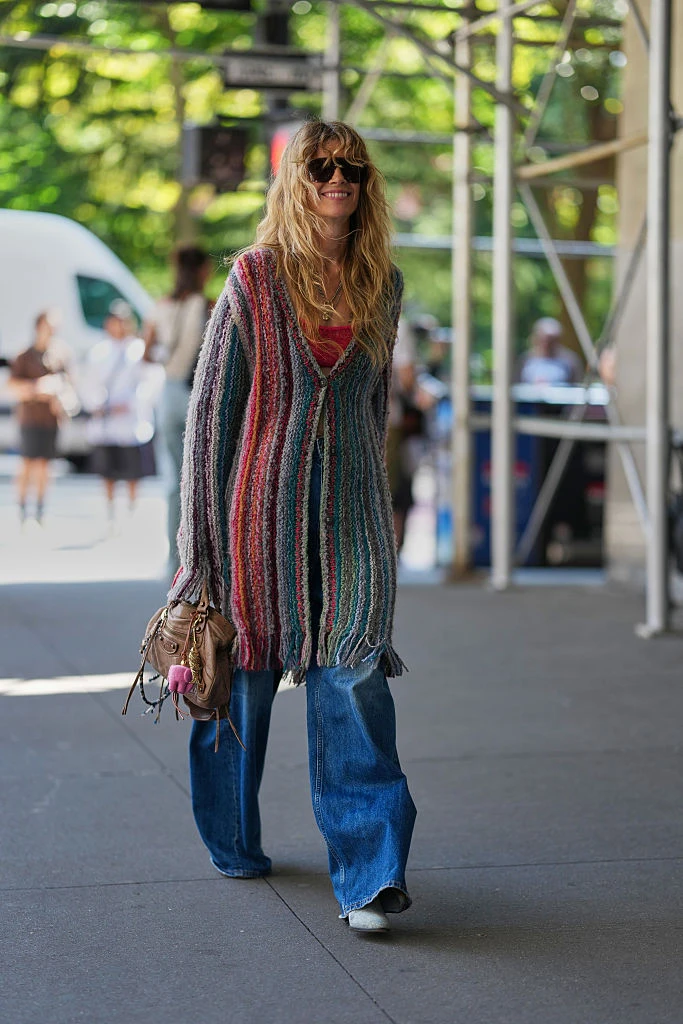Multicolored Striped Cardigan with Fringe and Wide-Leg Jeans — Cardigan Outfits