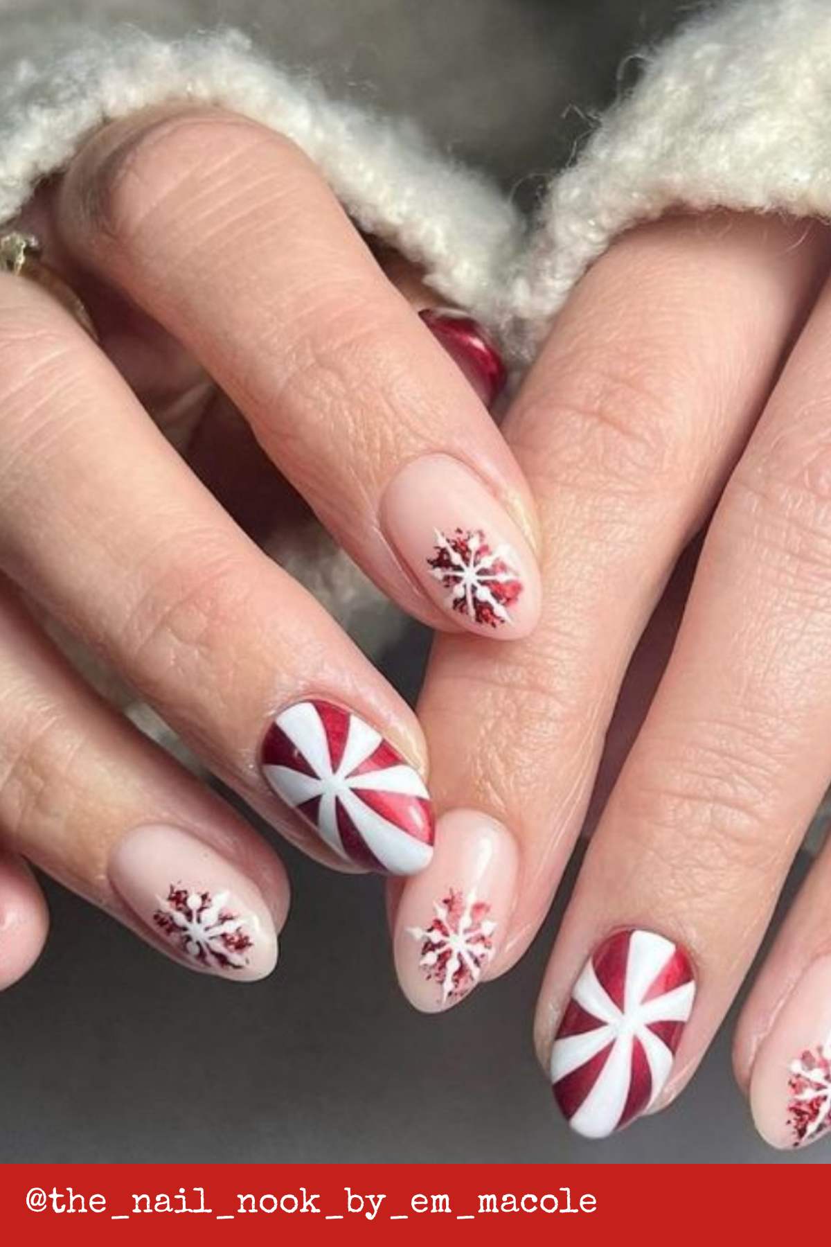 Peppermint Candy Snowflake Oval Nails Peppermint Candy Snowflake Oval Nails β Holiday Nails 2026
