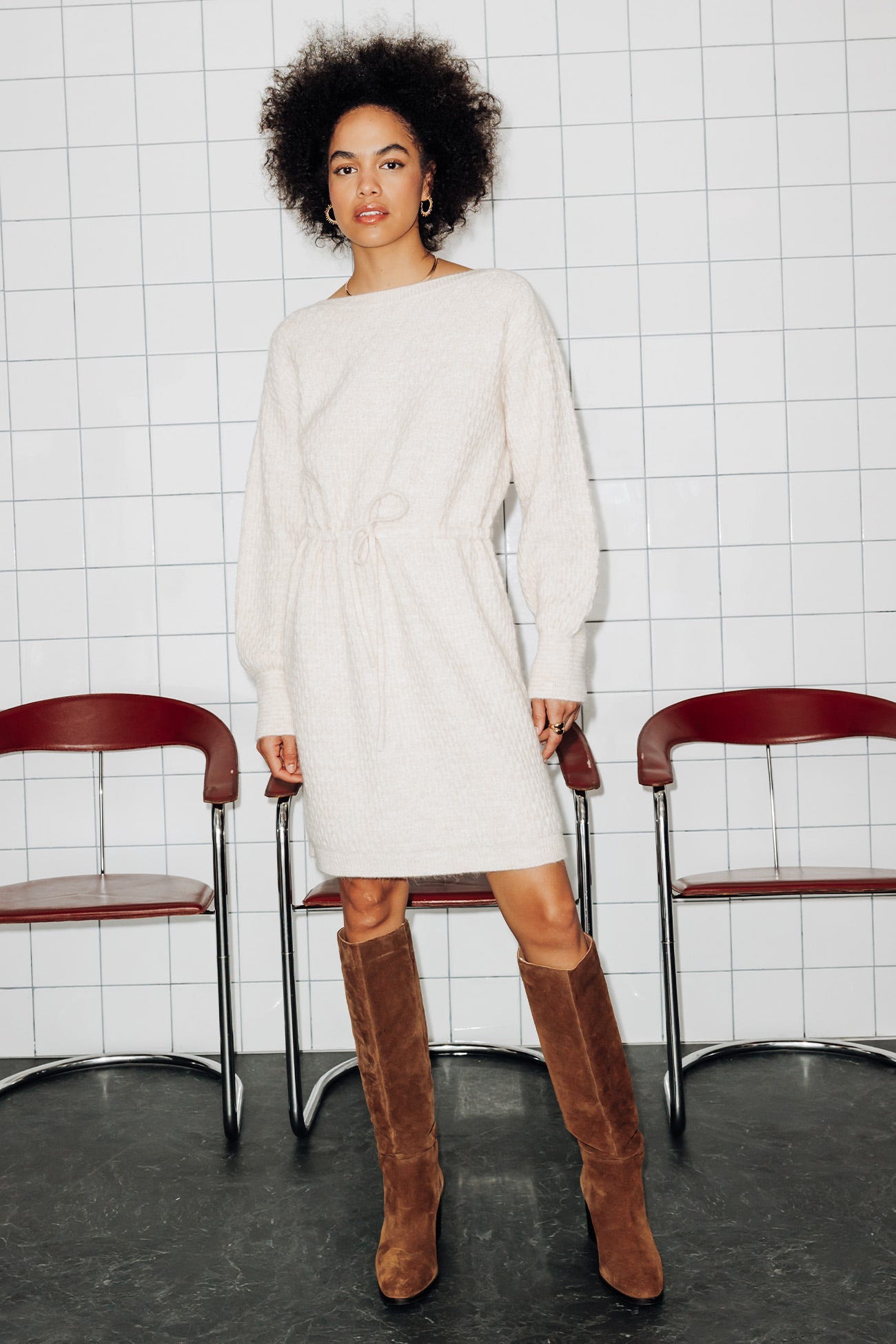 Ecru Textured Sweater Dress with Suede Boots — Sweater Dress Outfits