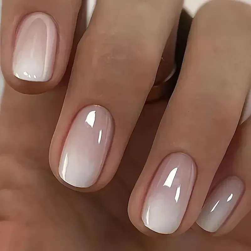 Nude to White Ombre Oval Nails — Short Winter Gel Nails
