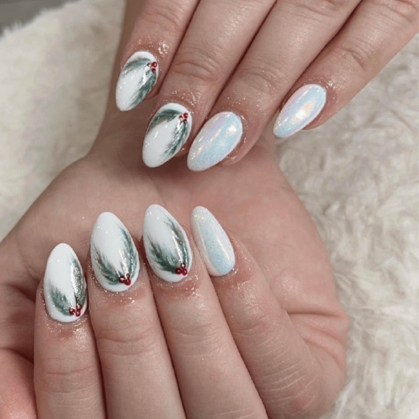 Glossy White Pine Branch Nails — Christmas Nail Designs 2026
