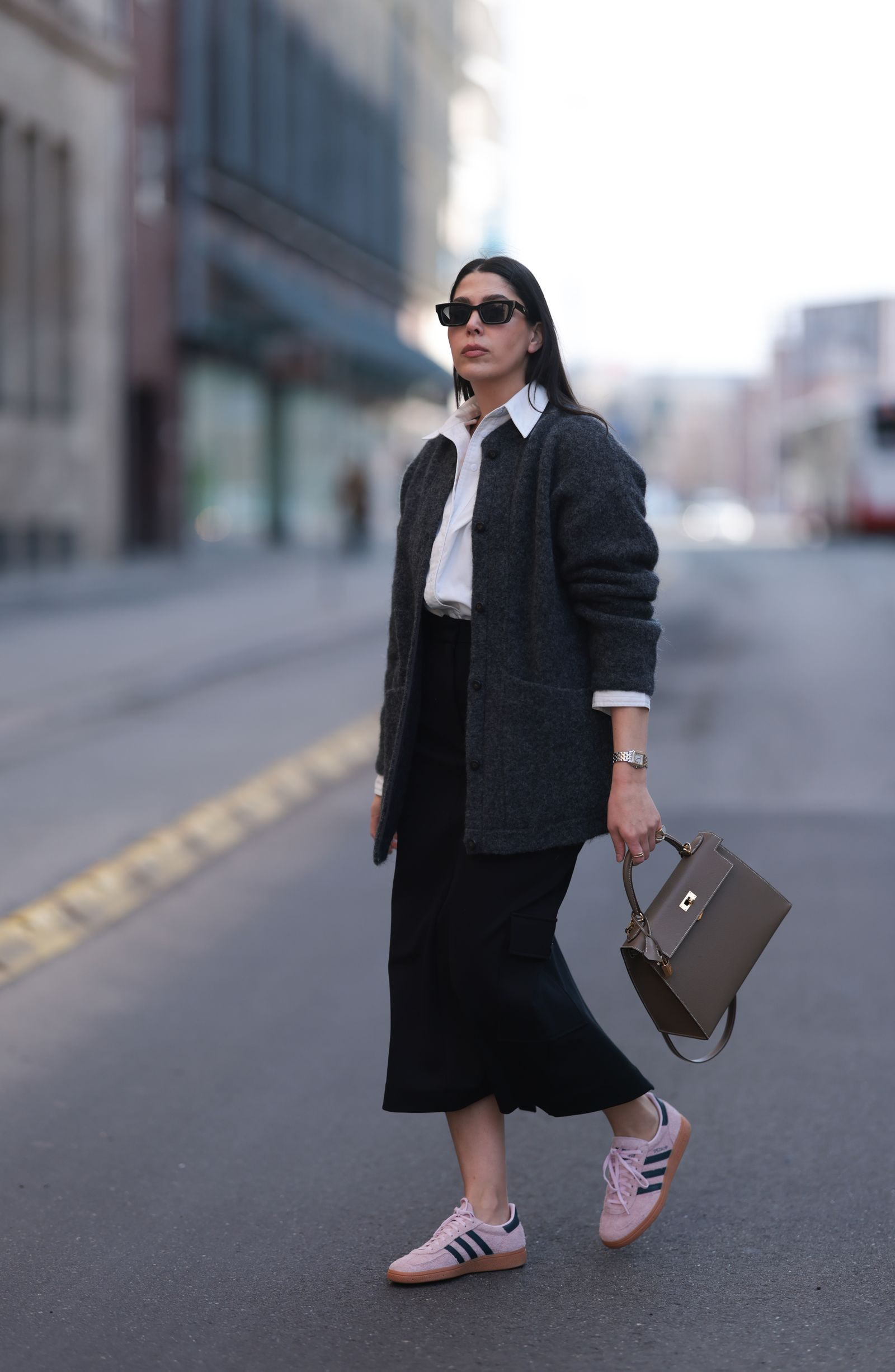 Cargo Skirt and Cardigan Paired with Pink Sneakers — Winter Outfits with Sneakers