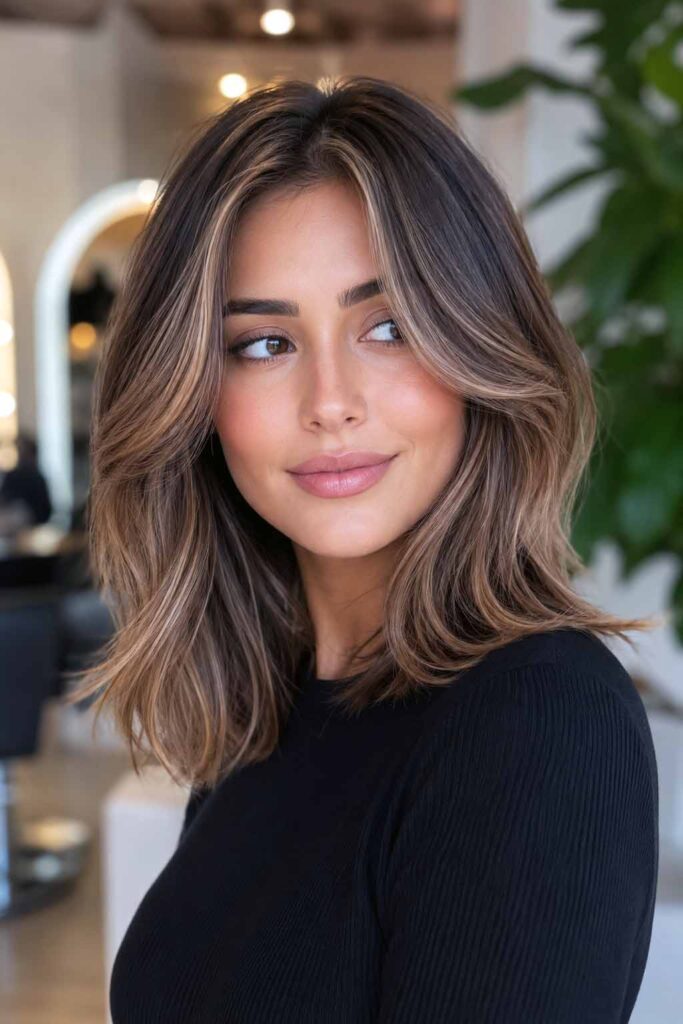 Dark Brown Collarbone Lob With Honey Highlights — Winter Shoulder Length Hairstyles