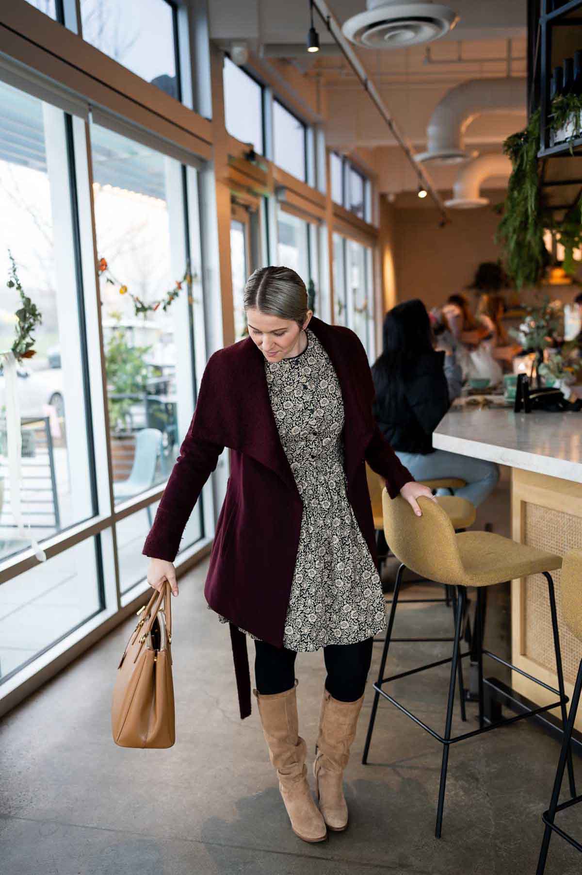 Chic Daywear: Black Opaque Leggings with Printed Dress and Burgundy Coat Chic Daywear: Black Opaque Leggings with Printed Dress and Burgundy Coat β Winter Outfits with Leggings