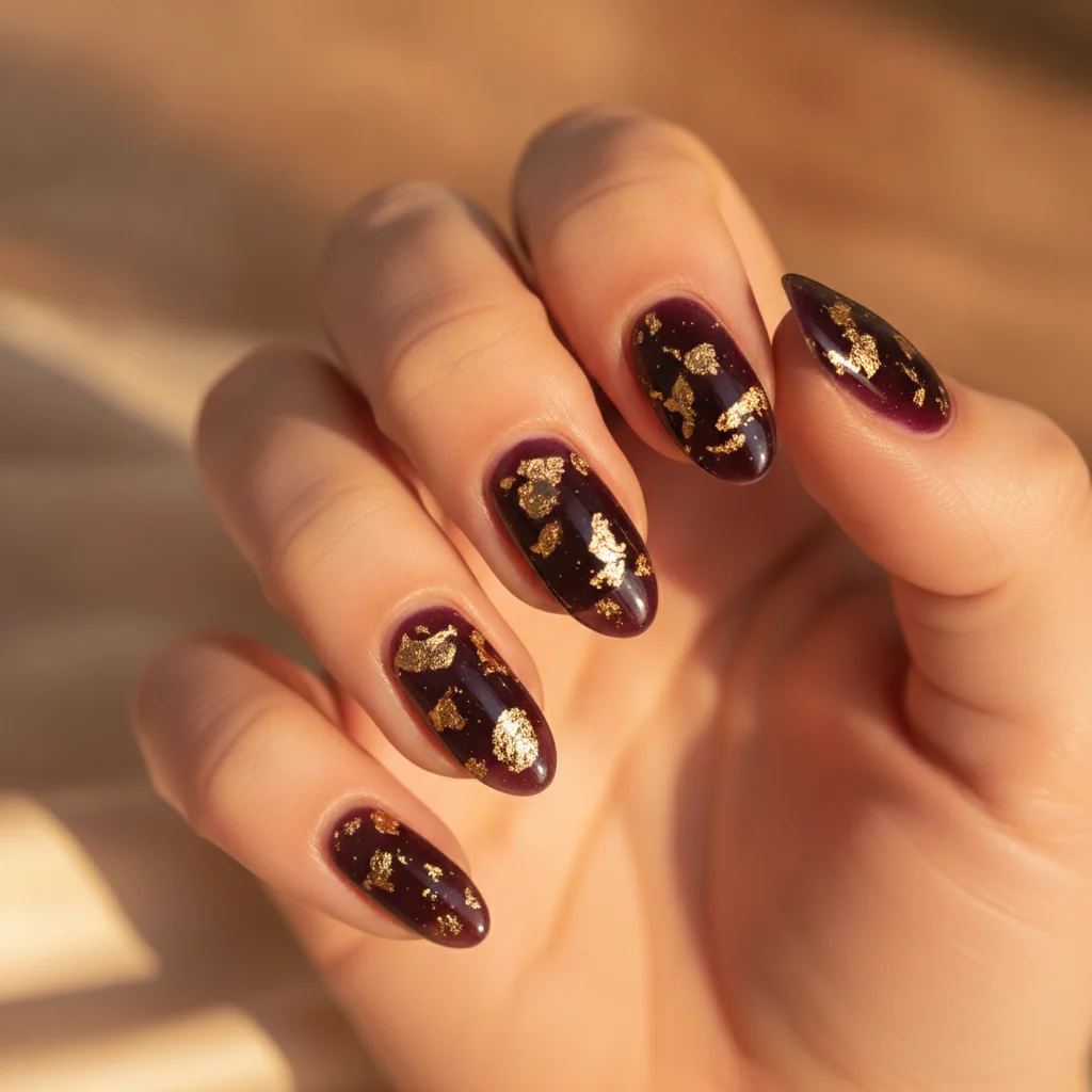 Medium Almond Purple-Red Gold Foil Medium Almond Purple-Red Gold Foil β Black Cherry Nails