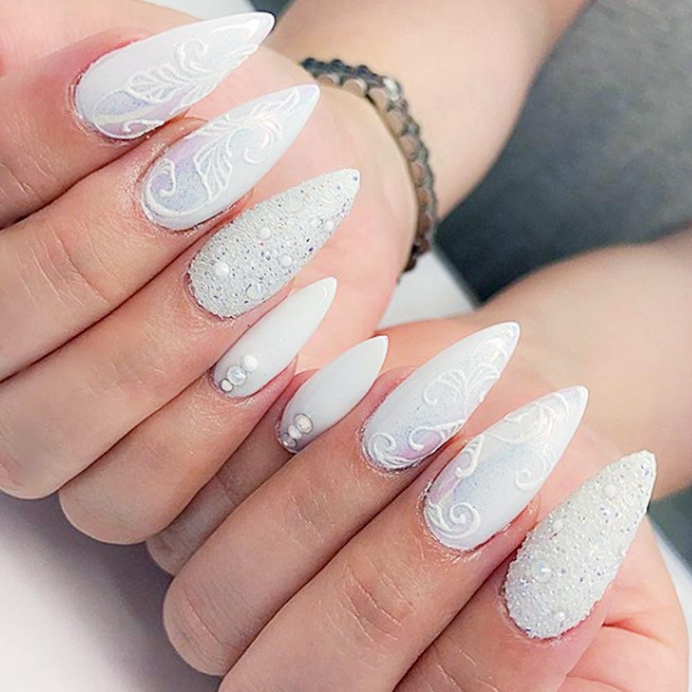 Luxurious White Snowflake Stiletto Nails — Winter Nail Art