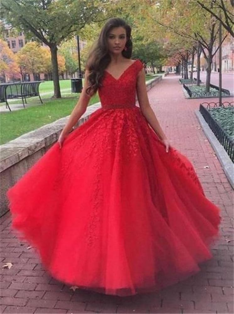 Red Ballgown with Lace Bodice and Tulle Skirt — Winter Formal Dresses