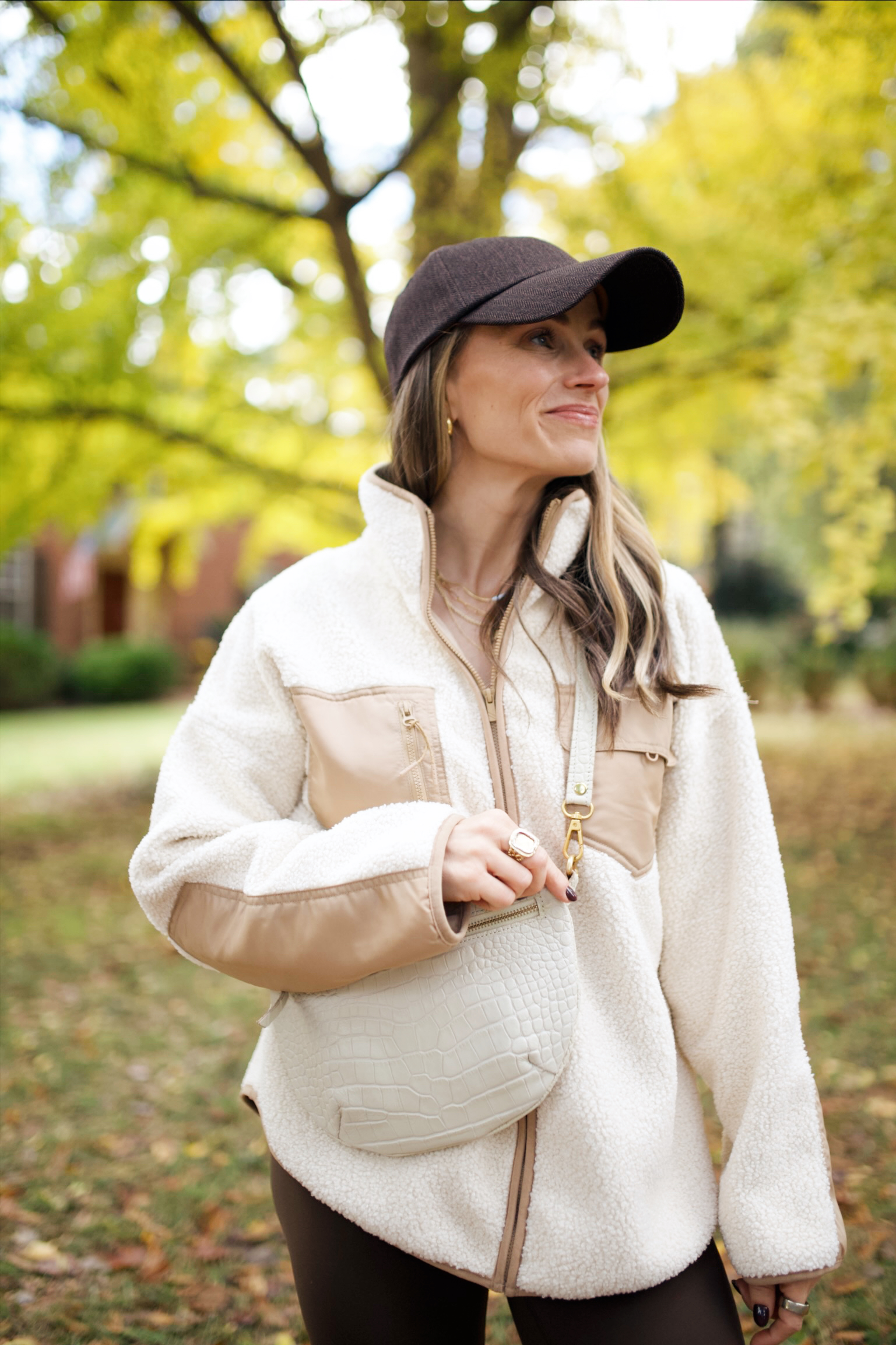 Cream Fleece Jacket with Faux Leather Accents Cream Fleece Jacket with Faux Leather Accents β Winter Athleisure Outfits