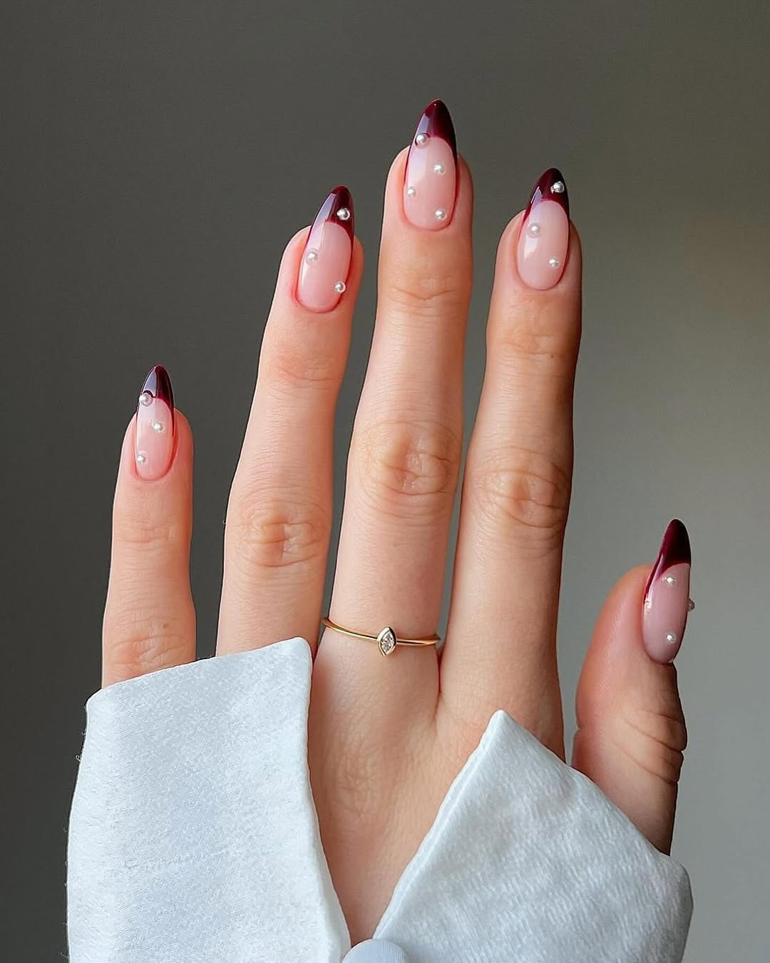 Deep Red French Tips with Pearls Deep Red French Tips with Pearls β Winter French Tip Nails