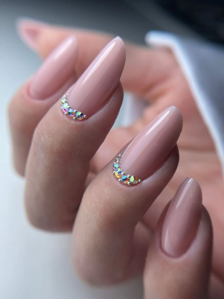 Sheer Pink with Cuticle Rhinestone Crescent — Holiday Nail Colors 2026