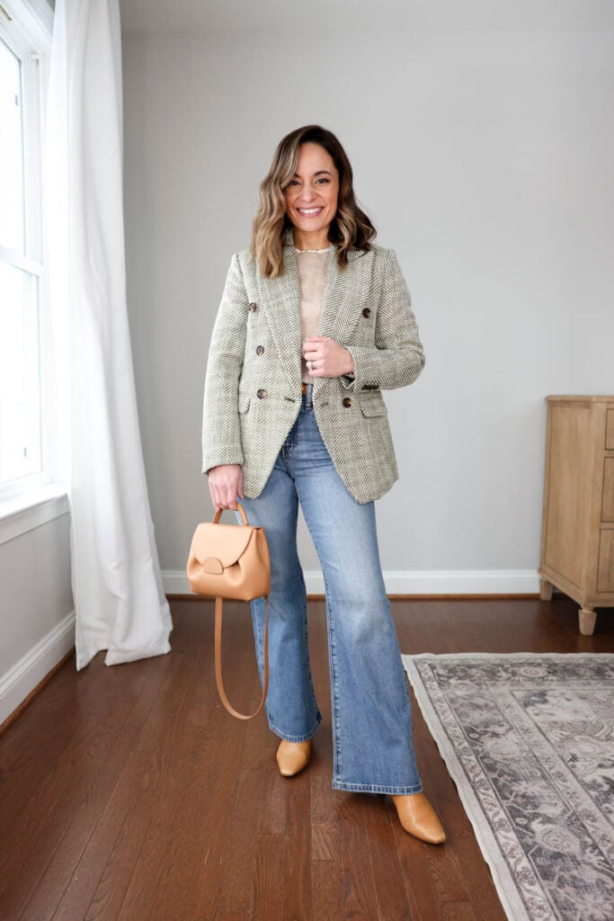 Blue Flare Jeans with Patterned Blazer and Tan Boots Blue Flare Jeans with Patterned Blazer and Tan Boots β Winter Outfits with Jeans
