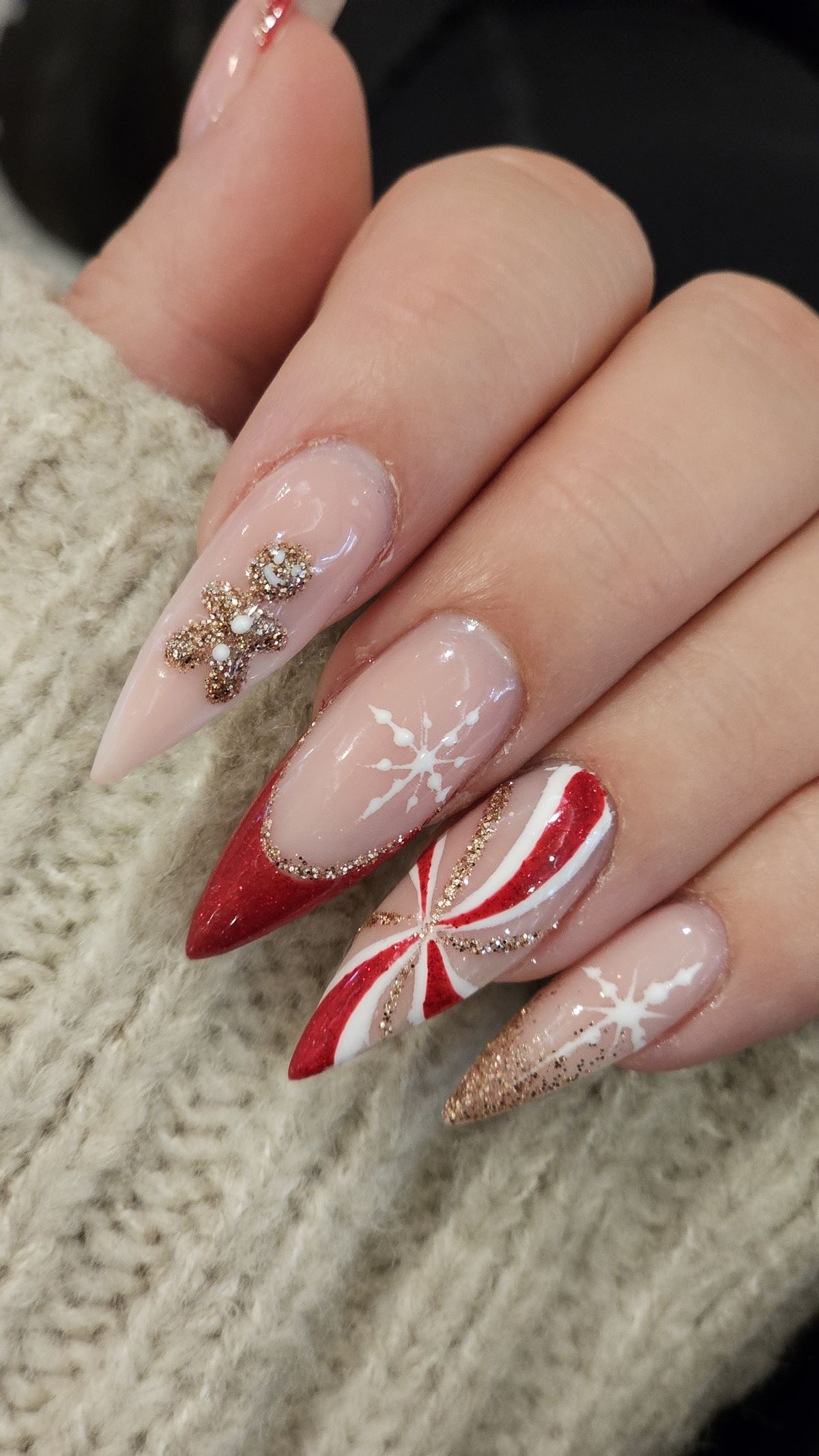 Nude Base Red French and Snowflake Nails Nude Base Red French and Snowflake Nails β Christmas Stiletto Nails 2026