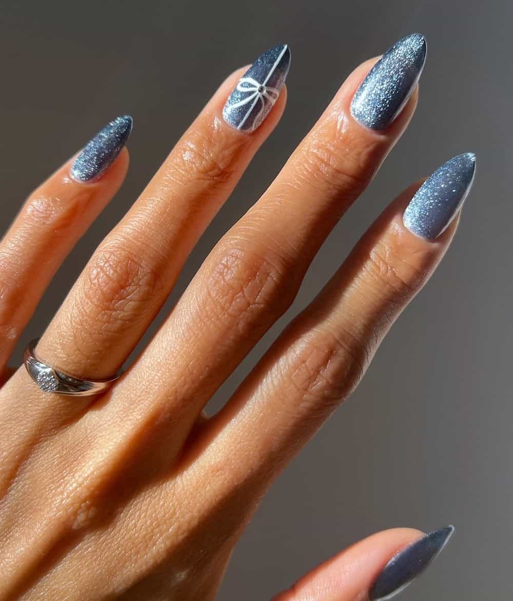 Metallic Blue-Grey Bow Glitter Stilettos Metallic Blue-Grey Bow Glitter Stilettos β Winter Bow Nails