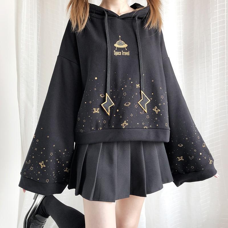 Black Cropped Graphic Hoodie with a Pleated Mini Skirt — Cute Winter Outfits