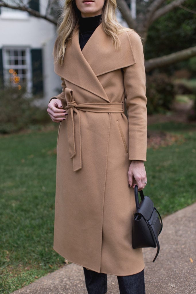 Camel Wrap Coat With Dramatic Collar And Tie Waist — Camel Coat Outfits
