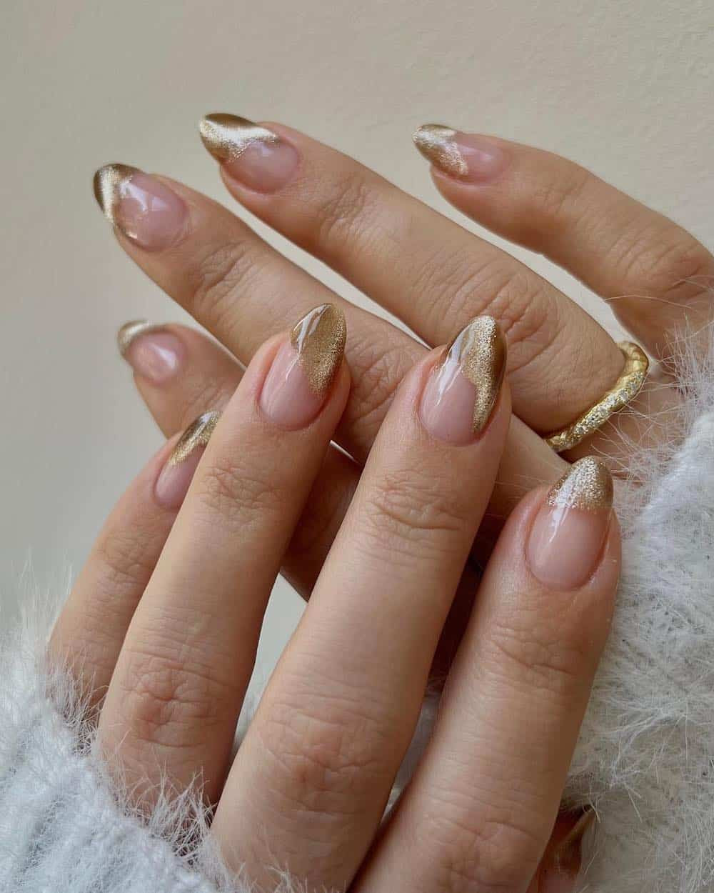 Gold Glitter French Tip Almond Nails — Winter Champagne Nails