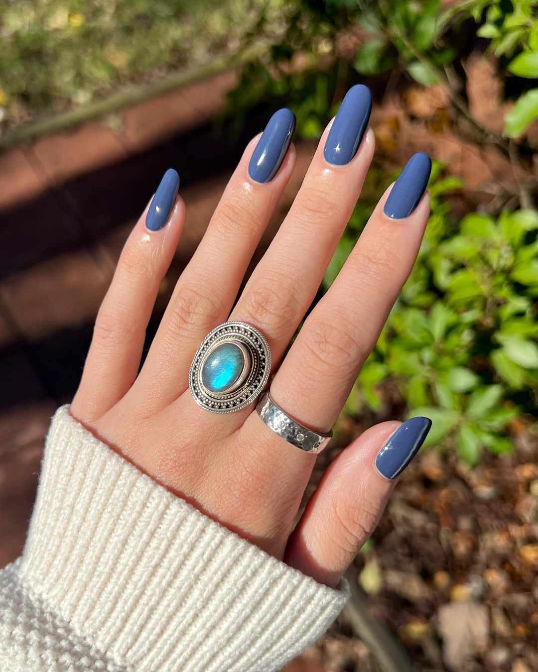 Muted Dusty Blue Glossy Ovals — Winter Acrylic Nail Colors